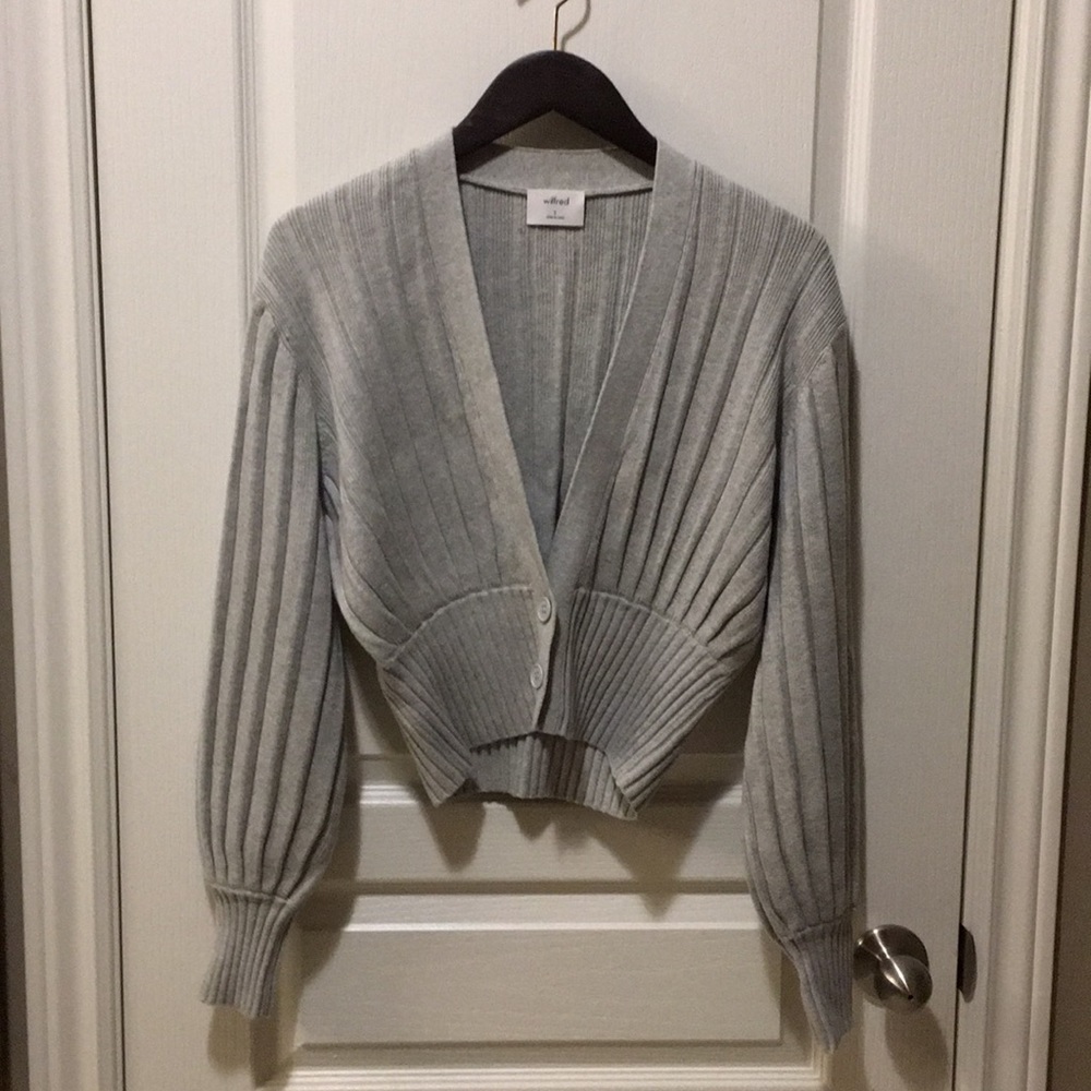 Aritzia Light Gray Ribbed V-Neck Button Cardigan
